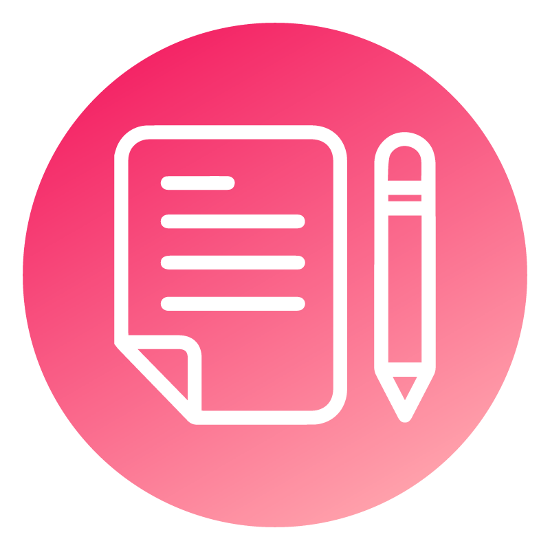 Imagem em ícone de uma folha e um lápis com fundo vazado e linha branca. Fundo na cor rosa em degrade. 